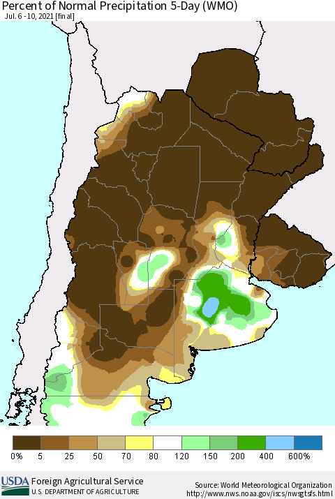 Southern South America Percent of Normal Precipitation 5-Day (WMO) Thematic Map For 7/6/2021 - 7/10/2021