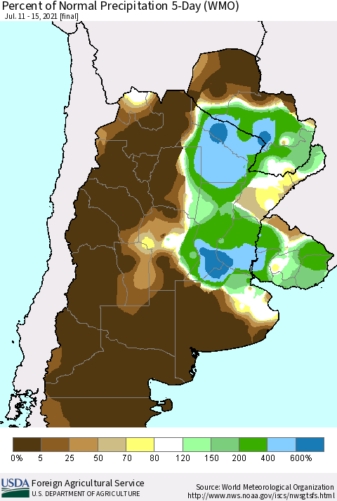 Southern South America Percent of Normal Precipitation 5-Day (WMO) Thematic Map For 7/11/2021 - 7/15/2021