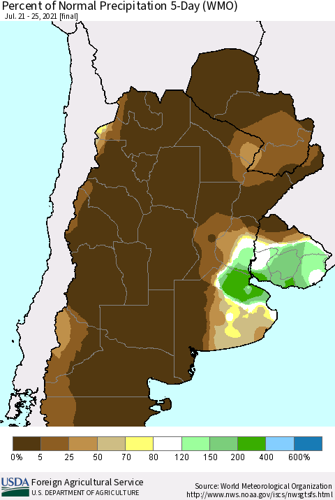 Southern South America Percent of Normal Precipitation 5-Day (WMO) Thematic Map For 7/21/2021 - 7/25/2021