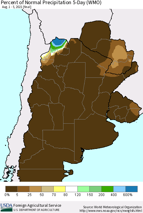 Southern South America Percent of Normal Precipitation 5-Day (WMO) Thematic Map For 8/1/2021 - 8/5/2021