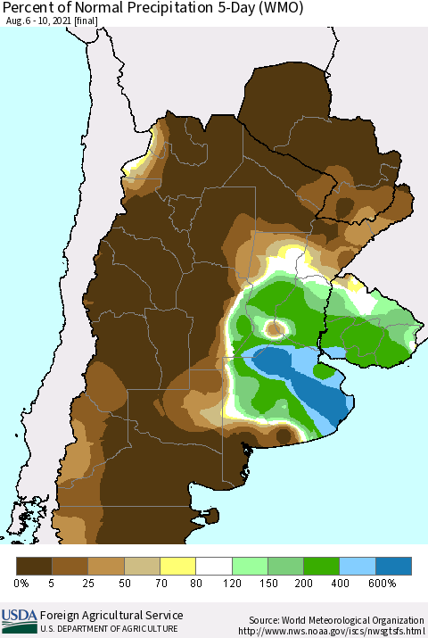 Southern South America Percent of Normal Precipitation 5-Day (WMO) Thematic Map For 8/6/2021 - 8/10/2021