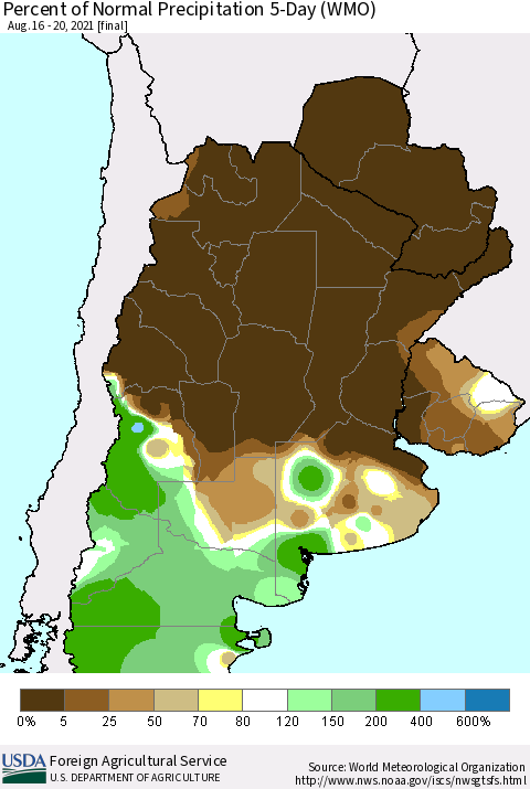 Southern South America Percent of Normal Precipitation 5-Day (WMO) Thematic Map For 8/16/2021 - 8/20/2021