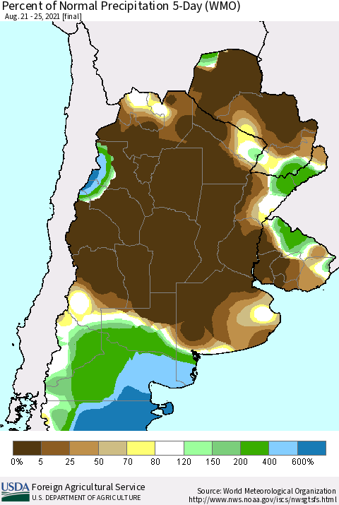 Southern South America Percent of Normal Precipitation 5-Day (WMO) Thematic Map For 8/21/2021 - 8/25/2021