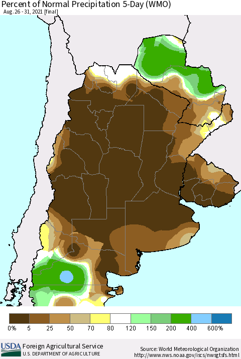 Southern South America Percent of Normal Precipitation 5-Day (WMO) Thematic Map For 8/26/2021 - 8/31/2021