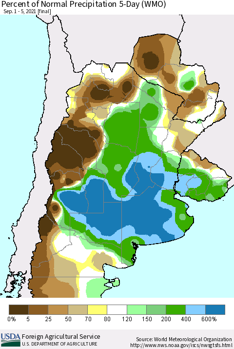 Southern South America Percent of Normal Precipitation 5-Day (WMO) Thematic Map For 9/1/2021 - 9/5/2021