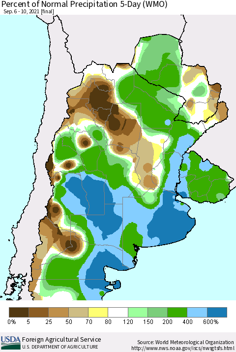 Southern South America Percent of Normal Precipitation 5-Day (WMO) Thematic Map For 9/6/2021 - 9/10/2021
