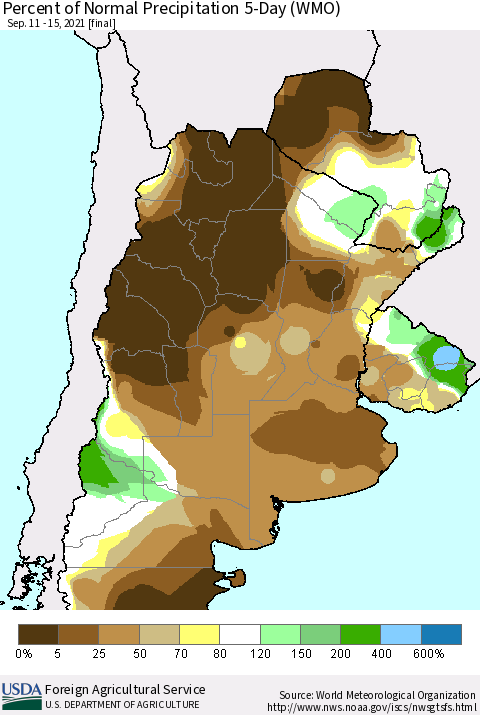 Southern South America Percent of Normal Precipitation 5-Day (WMO) Thematic Map For 9/11/2021 - 9/15/2021
