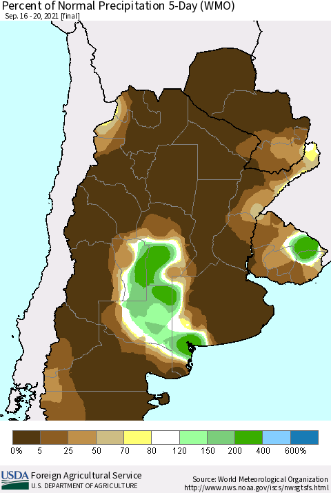 Southern South America Percent of Normal Precipitation 5-Day (WMO) Thematic Map For 9/16/2021 - 9/20/2021