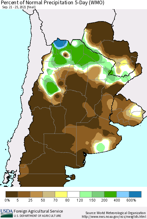 Southern South America Percent of Normal Precipitation 5-Day (WMO) Thematic Map For 9/21/2021 - 9/25/2021