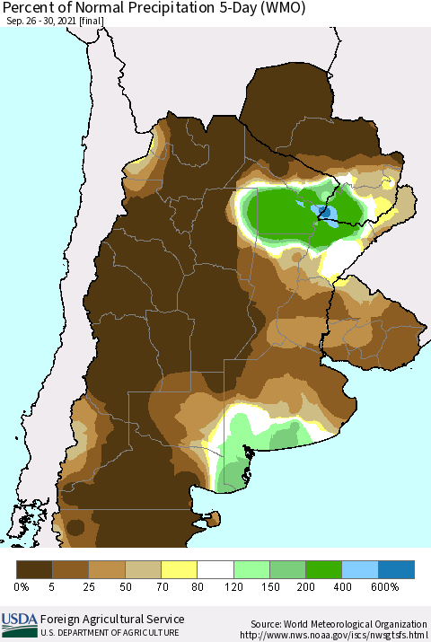 Southern South America Percent of Normal Precipitation 5-Day (WMO) Thematic Map For 9/26/2021 - 9/30/2021