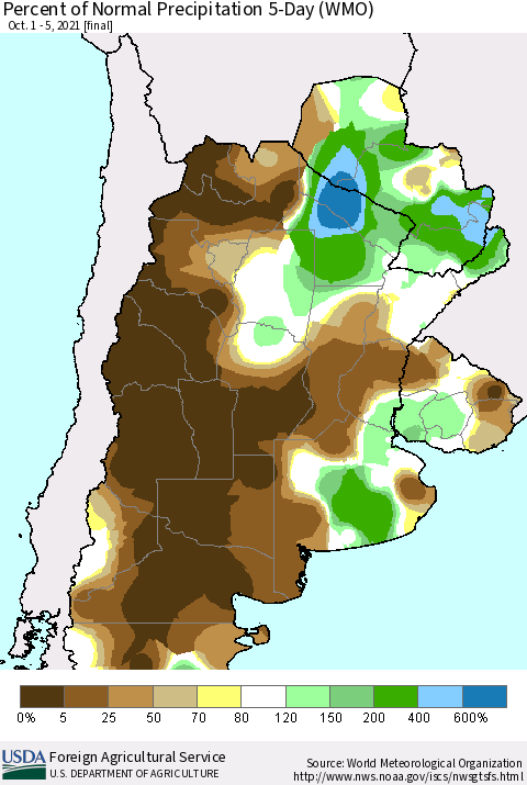 Southern South America Percent of Normal Precipitation 5-Day (WMO) Thematic Map For 10/1/2021 - 10/5/2021