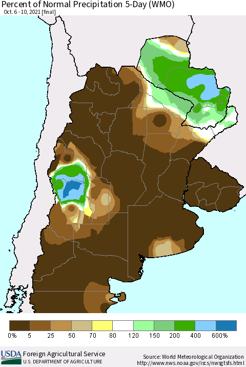 Southern South America Percent of Normal Precipitation 5-Day (WMO) Thematic Map For 10/6/2021 - 10/10/2021