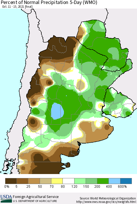 Southern South America Percent of Normal Precipitation 5-Day (WMO) Thematic Map For 10/11/2021 - 10/15/2021