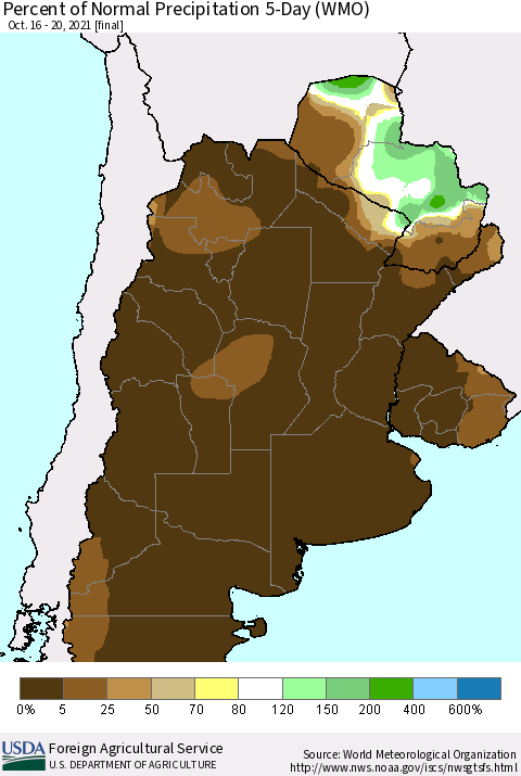 Southern South America Percent of Normal Precipitation 5-Day (WMO) Thematic Map For 10/16/2021 - 10/20/2021