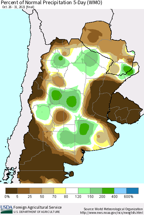 Southern South America Percent of Normal Precipitation 5-Day (WMO) Thematic Map For 10/26/2021 - 10/31/2021