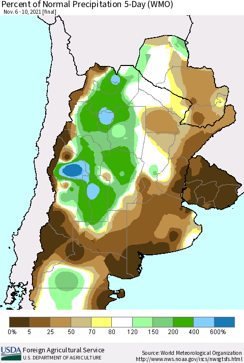 Southern South America Percent of Normal Precipitation 5-Day (WMO) Thematic Map For 11/6/2021 - 11/10/2021