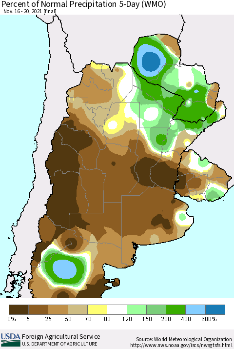Southern South America Percent of Normal Precipitation 5-Day (WMO) Thematic Map For 11/16/2021 - 11/20/2021
