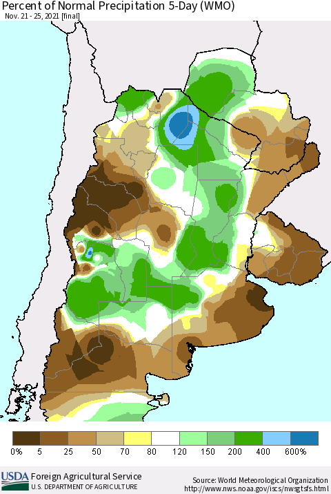 Southern South America Percent of Normal Precipitation 5-Day (WMO) Thematic Map For 11/21/2021 - 11/25/2021