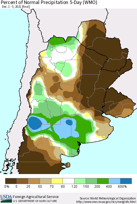 Southern South America Percent of Normal Precipitation 5-Day (WMO) Thematic Map For 12/1/2021 - 12/5/2021