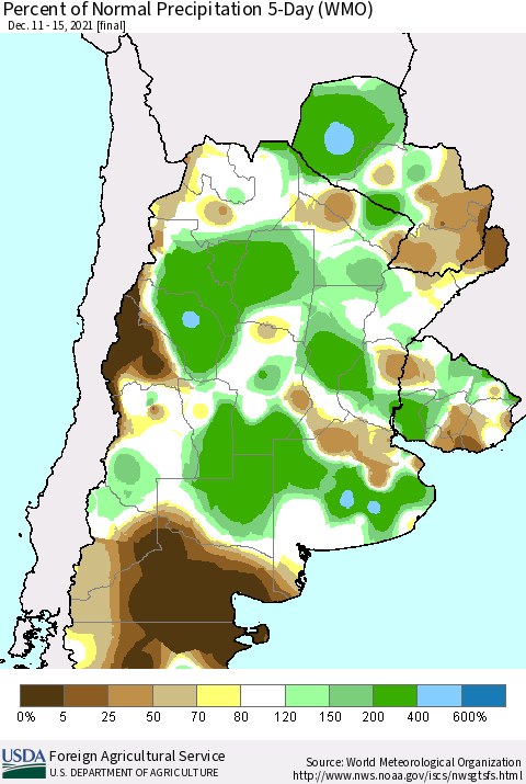 Southern South America Percent of Normal Precipitation 5-Day (WMO) Thematic Map For 12/11/2021 - 12/15/2021