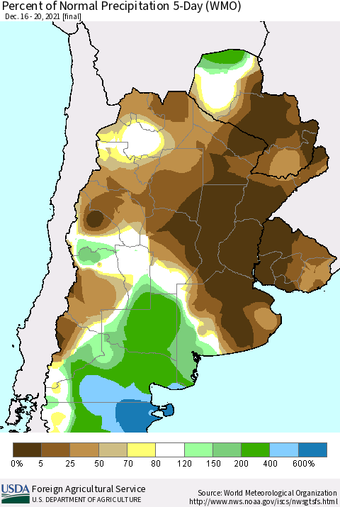Southern South America Percent of Normal Precipitation 5-Day (WMO) Thematic Map For 12/16/2021 - 12/20/2021