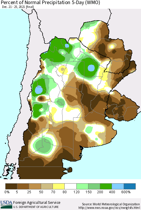 Southern South America Percent of Normal Precipitation 5-Day (WMO) Thematic Map For 12/21/2021 - 12/25/2021