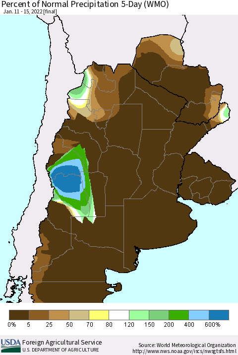 Southern South America Percent of Normal Precipitation 5-Day (WMO) Thematic Map For 1/11/2022 - 1/15/2022