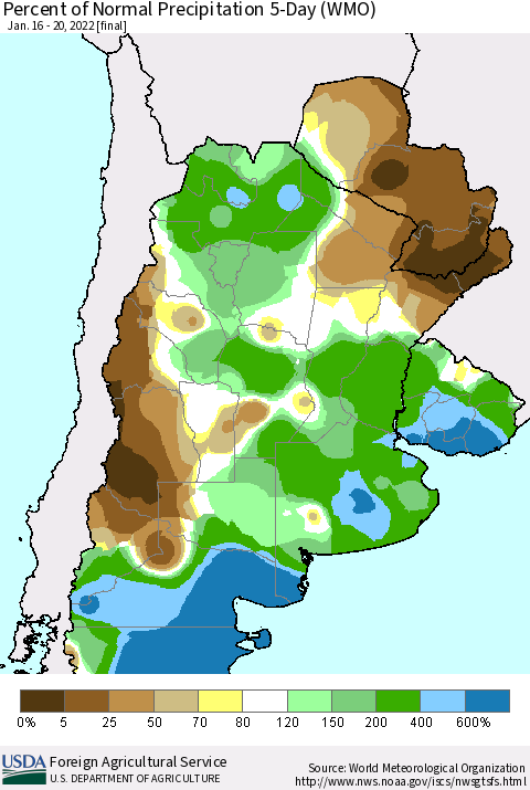 Southern South America Percent of Normal Precipitation 5-Day (WMO) Thematic Map For 1/16/2022 - 1/20/2022