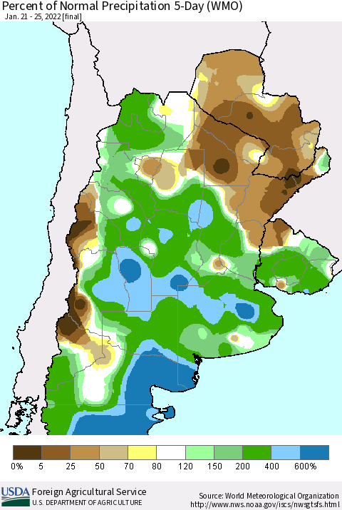 Southern South America Percent of Normal Precipitation 5-Day (WMO) Thematic Map For 1/21/2022 - 1/25/2022