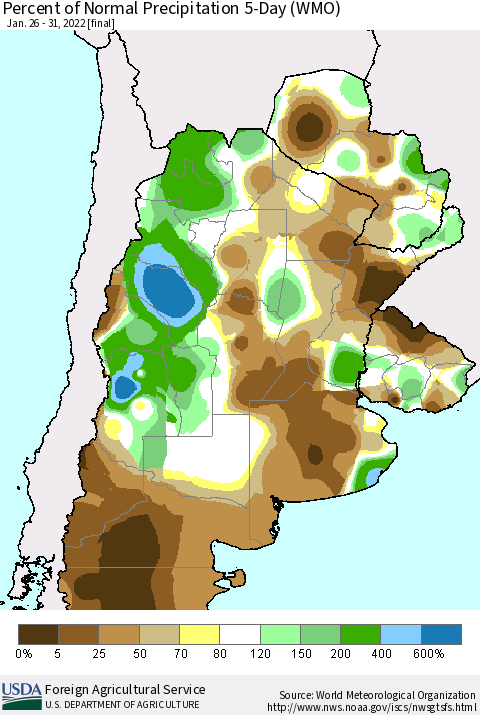 Southern South America Percent of Normal Precipitation 5-Day (WMO) Thematic Map For 1/26/2022 - 1/31/2022