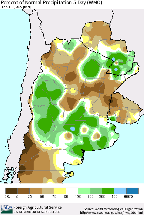 Southern South America Percent of Normal Precipitation 5-Day (WMO) Thematic Map For 2/1/2022 - 2/5/2022