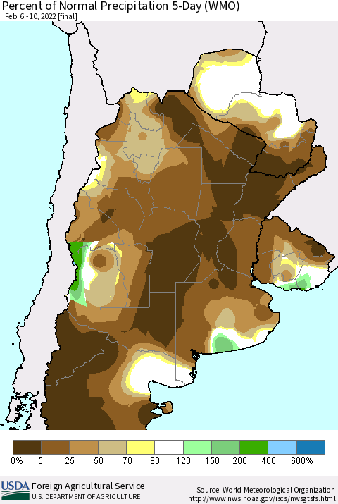 Southern South America Percent of Normal Precipitation 5-Day (WMO) Thematic Map For 2/6/2022 - 2/10/2022