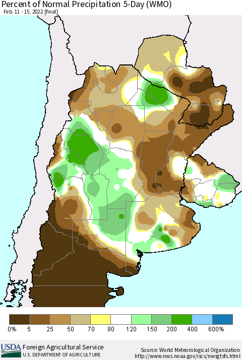 Southern South America Percent of Normal Precipitation 5-Day (WMO) Thematic Map For 2/11/2022 - 2/15/2022