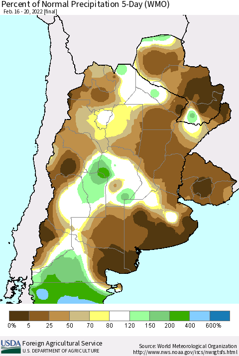 Southern South America Percent of Normal Precipitation 5-Day (WMO) Thematic Map For 2/16/2022 - 2/20/2022