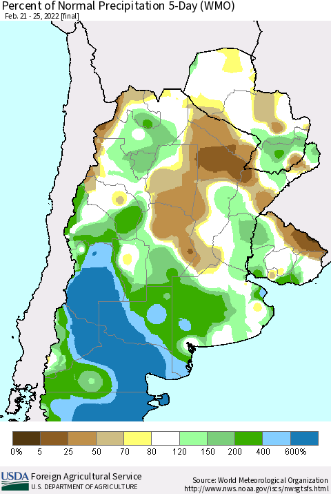 Southern South America Percent of Normal Precipitation 5-Day (WMO) Thematic Map For 2/21/2022 - 2/25/2022