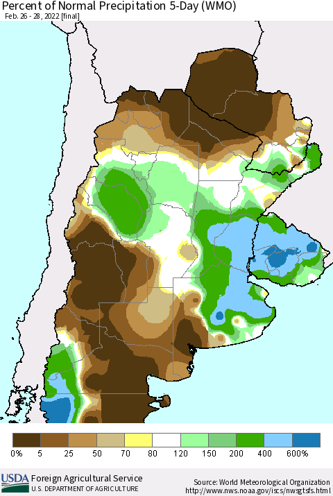 Southern South America Percent of Normal Precipitation 5-Day (WMO) Thematic Map For 2/26/2022 - 2/28/2022