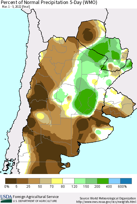 Southern South America Percent of Normal Precipitation 5-Day (WMO) Thematic Map For 3/1/2022 - 3/5/2022