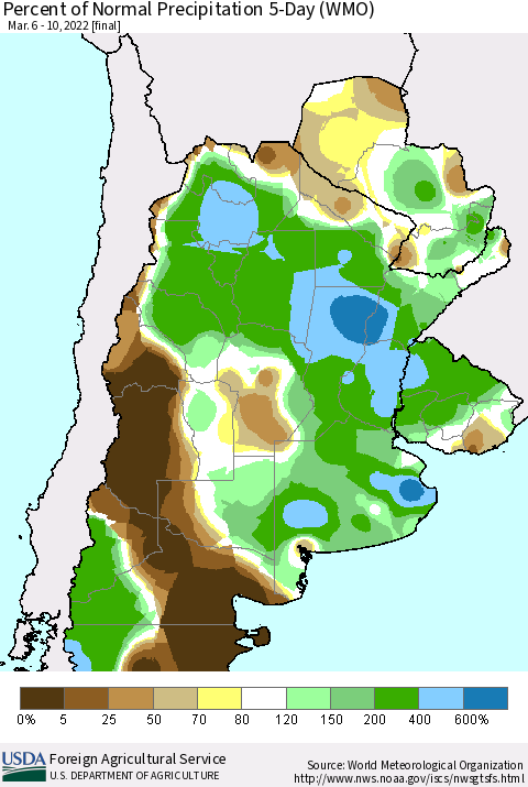 Southern South America Percent of Normal Precipitation 5-Day (WMO) Thematic Map For 3/6/2022 - 3/10/2022