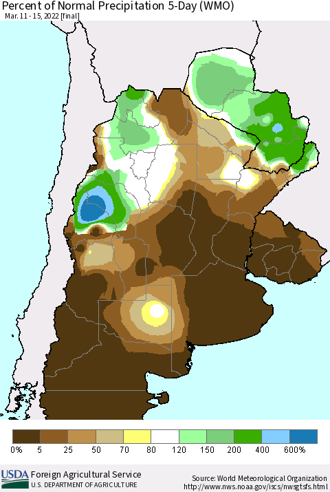 Southern South America Percent of Normal Precipitation 5-Day (WMO) Thematic Map For 3/11/2022 - 3/15/2022