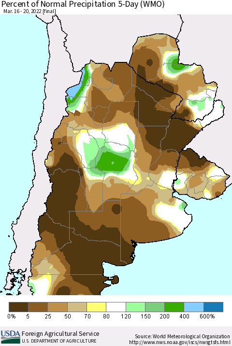 Southern South America Percent of Normal Precipitation 5-Day (WMO) Thematic Map For 3/16/2022 - 3/20/2022