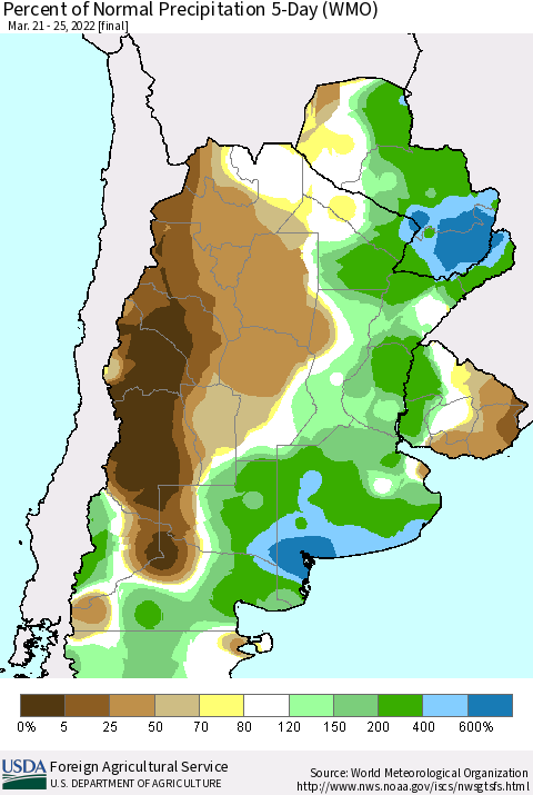 Southern South America Percent of Normal Precipitation 5-Day (WMO) Thematic Map For 3/21/2022 - 3/25/2022