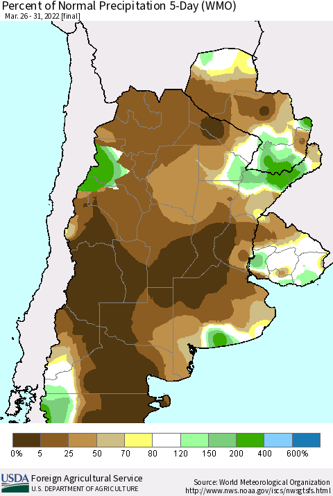 Southern South America Percent of Normal Precipitation 5-Day (WMO) Thematic Map For 3/26/2022 - 3/31/2022