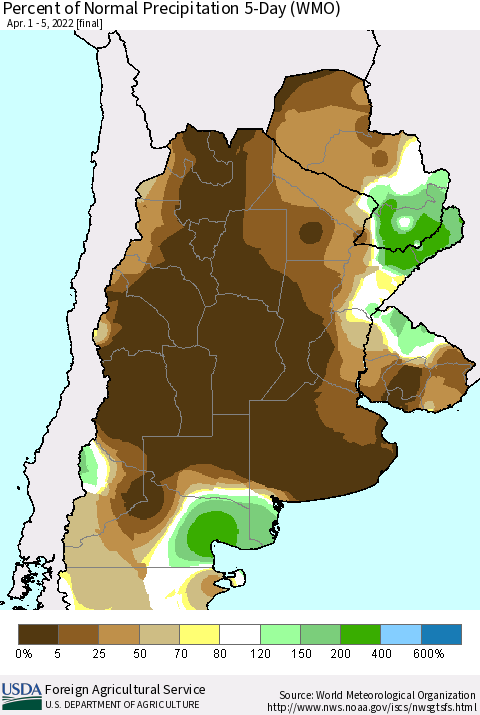 Southern South America Percent of Normal Precipitation 5-Day (WMO) Thematic Map For 4/1/2022 - 4/5/2022