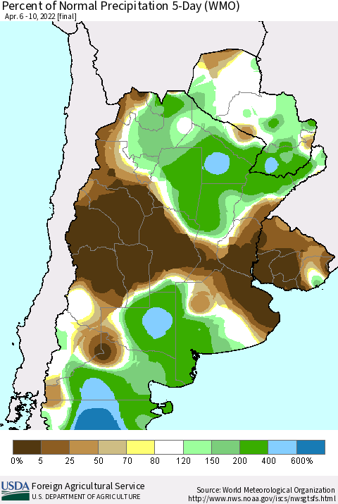 Southern South America Percent of Normal Precipitation 5-Day (WMO) Thematic Map For 4/6/2022 - 4/10/2022
