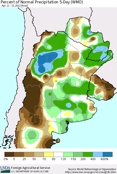 Southern South America Percent of Normal Precipitation 5-Day (WMO) Thematic Map For 4/11/2022 - 4/15/2022