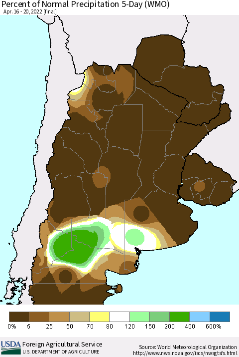Southern South America Percent of Normal Precipitation 5-Day (WMO) Thematic Map For 4/16/2022 - 4/20/2022