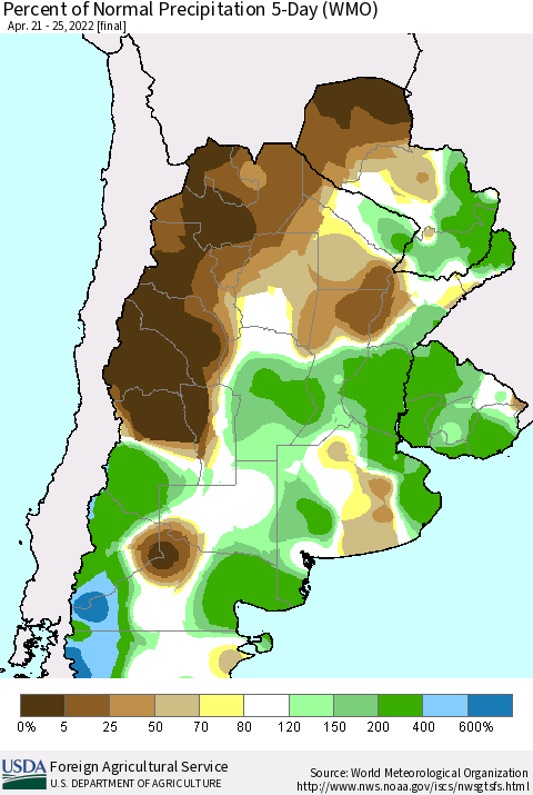 Southern South America Percent of Normal Precipitation 5-Day (WMO) Thematic Map For 4/21/2022 - 4/25/2022