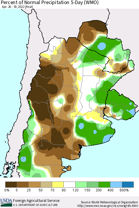 Southern South America Percent of Normal Precipitation 5-Day (WMO) Thematic Map For 4/26/2022 - 4/30/2022