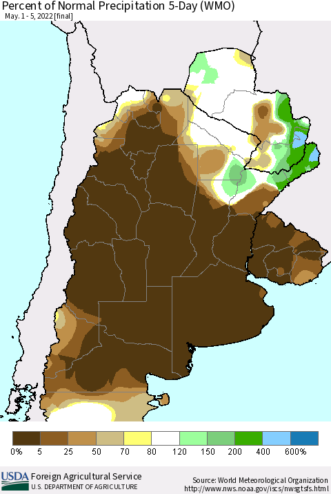 Southern South America Percent of Normal Precipitation 5-Day (WMO) Thematic Map For 5/1/2022 - 5/5/2022
