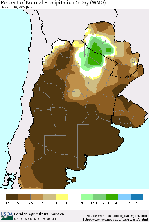 Southern South America Percent of Normal Precipitation 5-Day (WMO) Thematic Map For 5/6/2022 - 5/10/2022